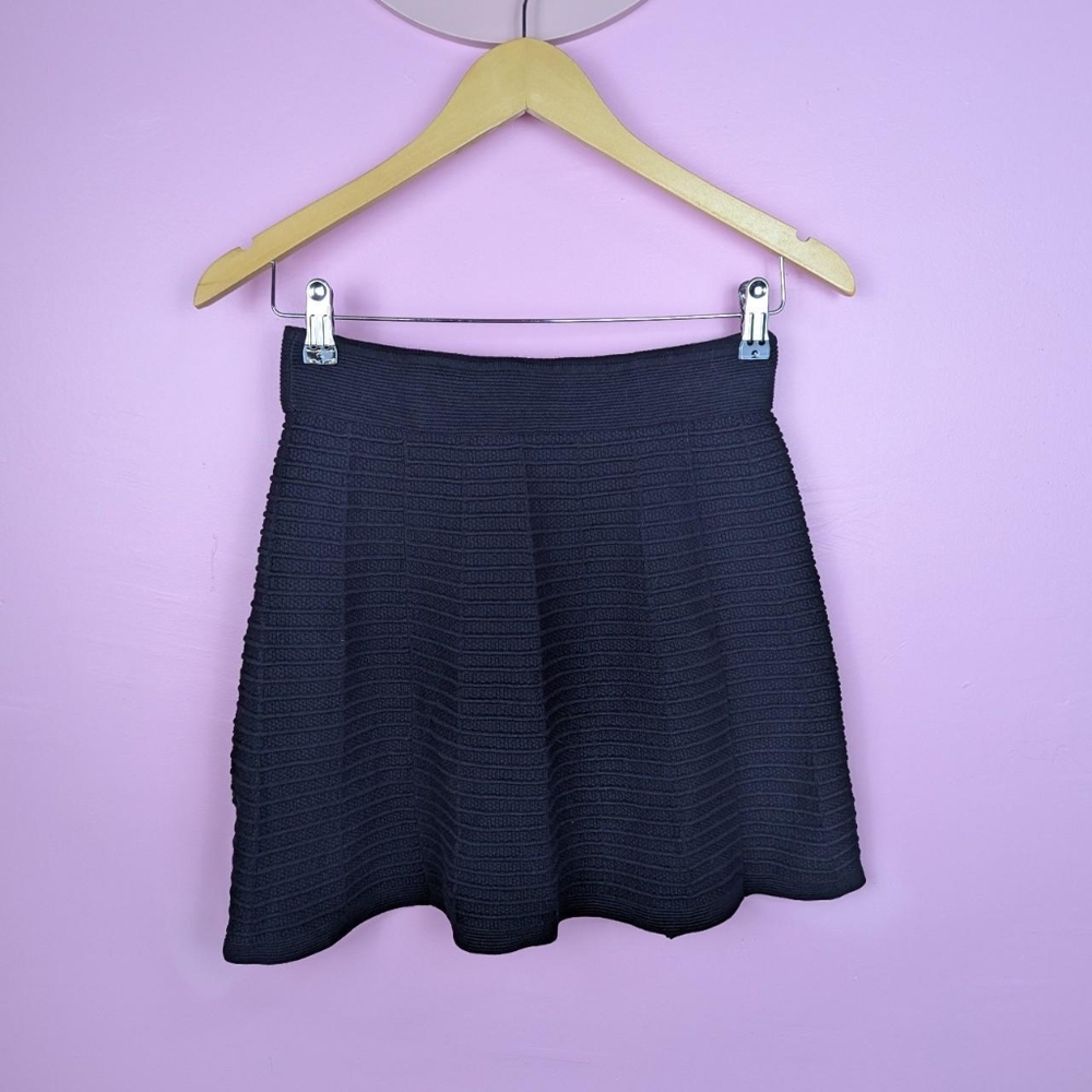 Ann Taylor Loft Petites Black Textured Grid Pattern A-line Mini Skater Skirt